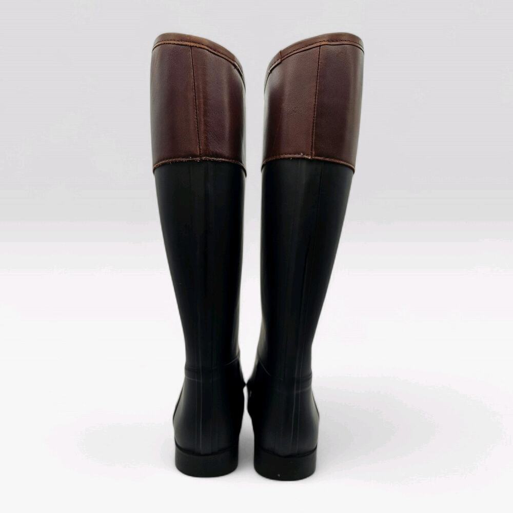 Tory Burch Diana Rain Boot Black Rubber Brown Leather Riding Boots Logo Sz 6 - Picture 4 of 7